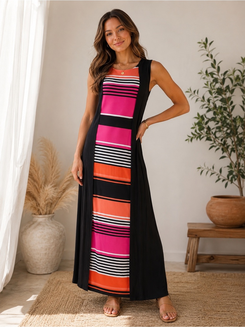 Liz Claiborne Black Maxi Dress with Pink and Orange Striped Center